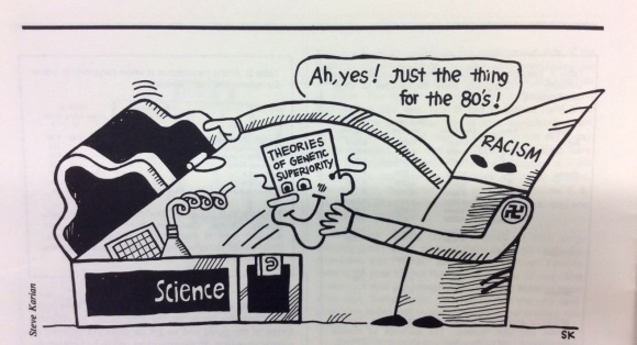 A cartoon belittling scientific racism by depicting Racism with a KKK type figure and Scientific Racism as a mask the figure is choosing to wear, announcing it 'just the thing for the eighties'.